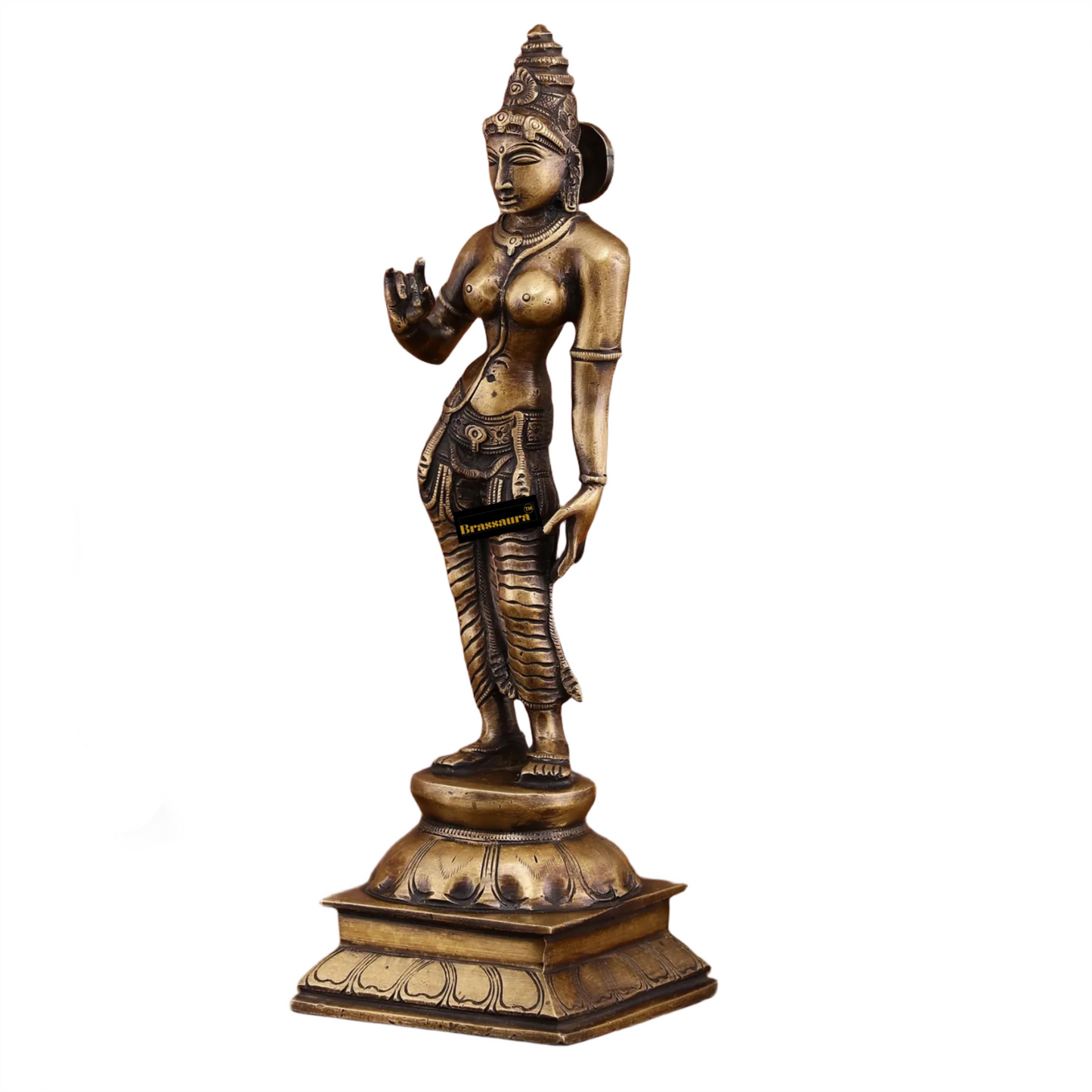 Brassaura™ Pure Brass Devi Parvati Uma Idol – 10 Inch Height, 1.5 Kg Weight – Vintage Finish Standing Statue