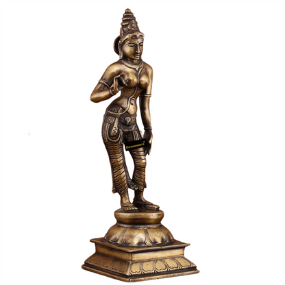 Brassaura™ Pure Brass Devi Parvati Uma Idol – 10 Inch Height, 1.5 Kg Weight – Vintage Finish Standing Statue