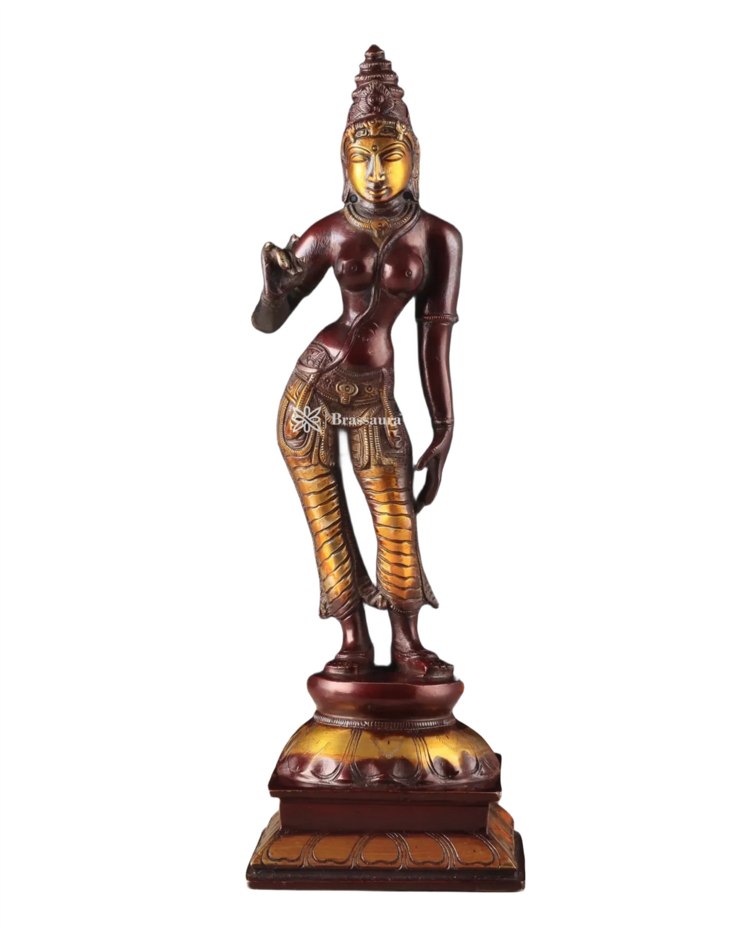 Brassaura™ Pure Brass Devi Parvati Uma Idol – 10 Inch Height, 2.5 Kg Weight – Vintage Chola Finish Standing Statue