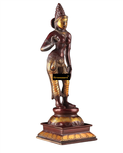 Brassaura™ Pure Brass Devi Parvati Uma Idol – 10 Inch Height, 2.5 Kg Weight – Vintage Chola Finish Standing Statue