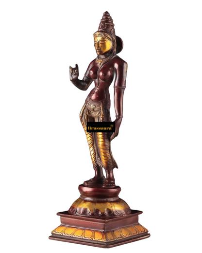 Brassaura™ Pure Brass Devi Parvati Uma Idol – 10 Inch Height, 2.5 Kg Weight – Vintage Chola Finish Standing Statue