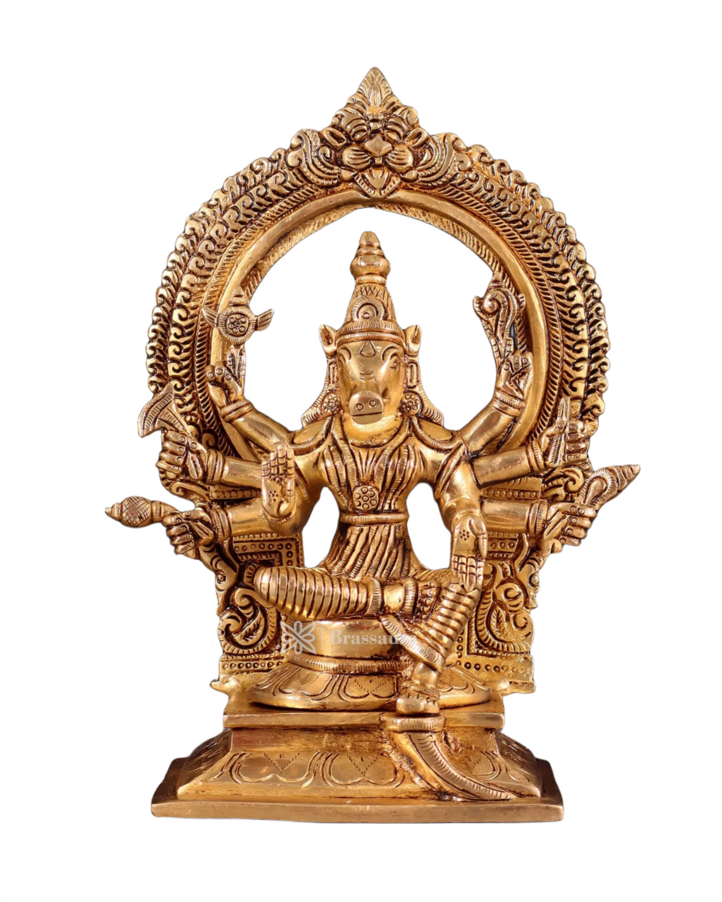 Brassaura™ Pure Brass Varahi Amman Idol – 8 Inch Height, 2 Kg Weight – Handcrafted Seated Goddess Statue with Prabhavali