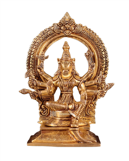 Brassaura™ Pure Brass Varahi Amman Idol – 8 Inch Height, 2 Kg Weight – Handcrafted Seated Goddess Statue with Prabhavali