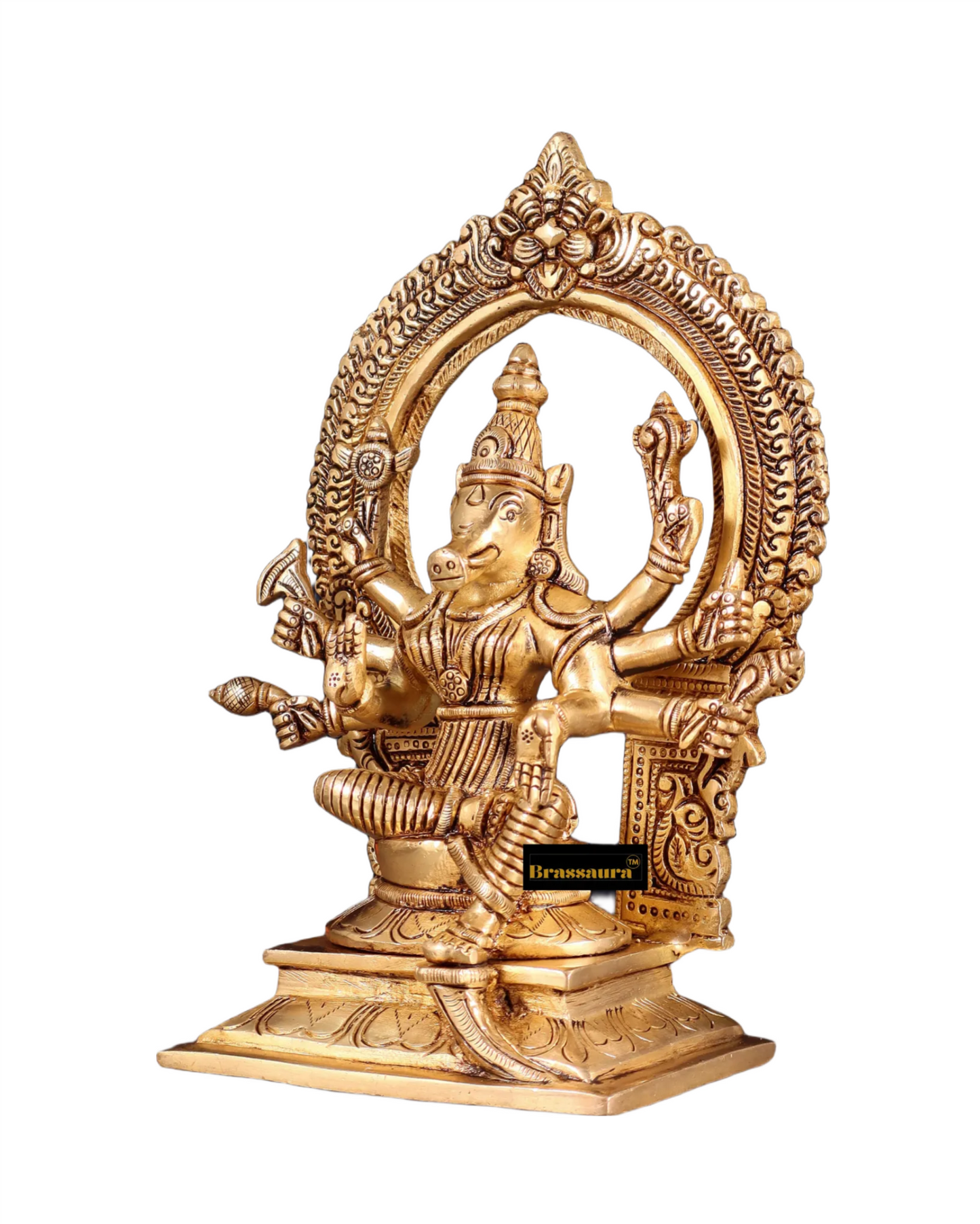 Brassaura™ Pure Brass Varahi Amman Idol – 8 Inch Height, 2 Kg Weight – Handcrafted Seated Goddess Statue with Prabhavali