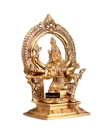Brassaura™ Pure Brass Varahi Amman Idol – 8 Inch Height, 2 Kg Weight – Handcrafted Seated Goddess Statue with Prabhavali