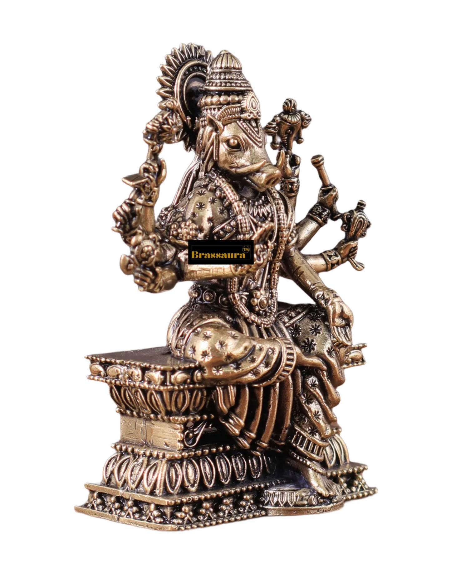 Brassaura™ Superfine Hollow-Cast Goddess Varahi Idol – 4 Inch Height, 0.23 Kg Weight – Intricately Handcrafted Brass Statue