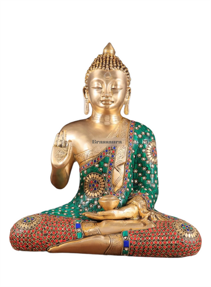 Brassaura™ Brass Buddha Statue in Abhaya Mudra – Height 14 Inches, Weight 8 Kgs