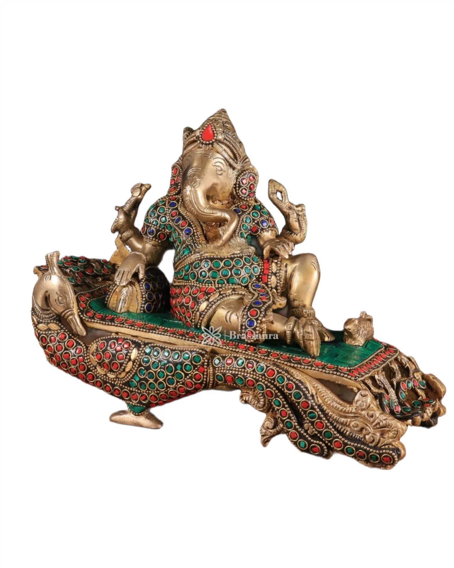 Brassaura™ Handcrafted Ganapathi on Peacock Throne – 7.5" Height, 4.5 kg – Brass Statue with Multicolored Stones