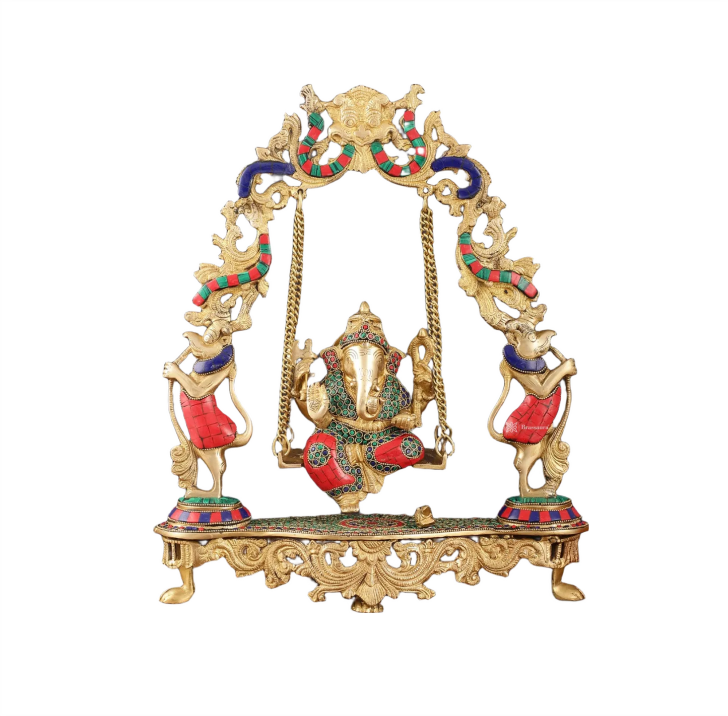 Brassaura™ Magnificent Brass Lord Ganesha Swing – 18" Height, 7.5 kg – Adorned with Multicolor Stonework