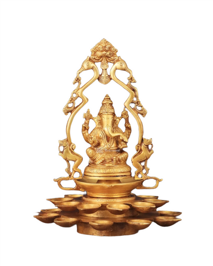 Brassaura™ Pure Brass Ganesha Statue with Diyas & Thiruvachi Frame – 12" Height, 3.8 kg – Divine Home Decor