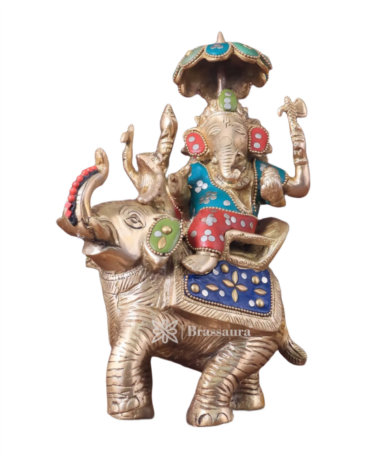 Brassaura™ Handcrafted Brass Ganesha on Ambari – 9.5" Height, 3 kg – Meenakari Stonework Idol