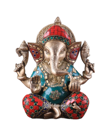 Brassaura™ Brass Taj Ganesha Idol with Stonework – 8" Height, 3 kg – Intricately Crafted with Sharp Features