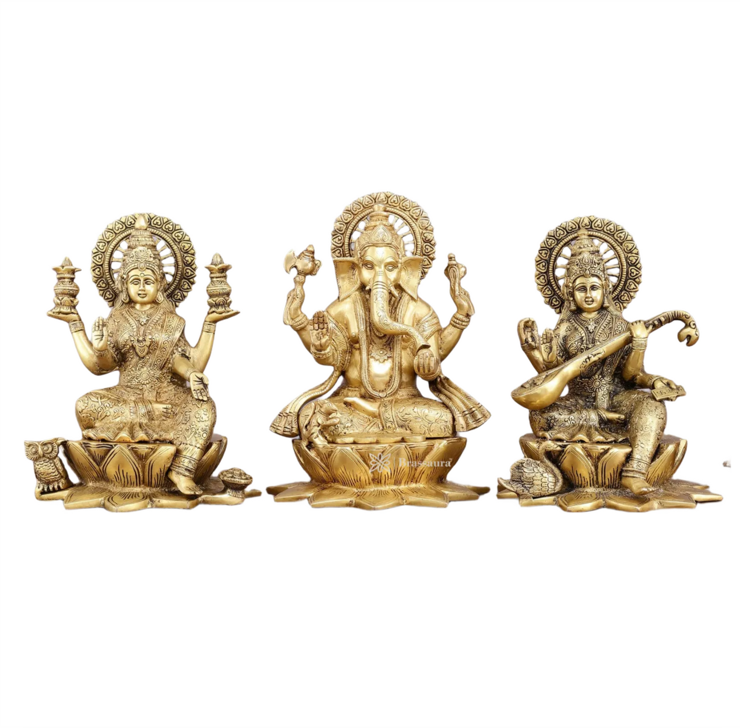 Brassaura™ Pure Brass Ganesh Lakshmi Saraswati Set – 11" Height, 19 kg – Handcrafted Trio for Prosperity & Wisdom