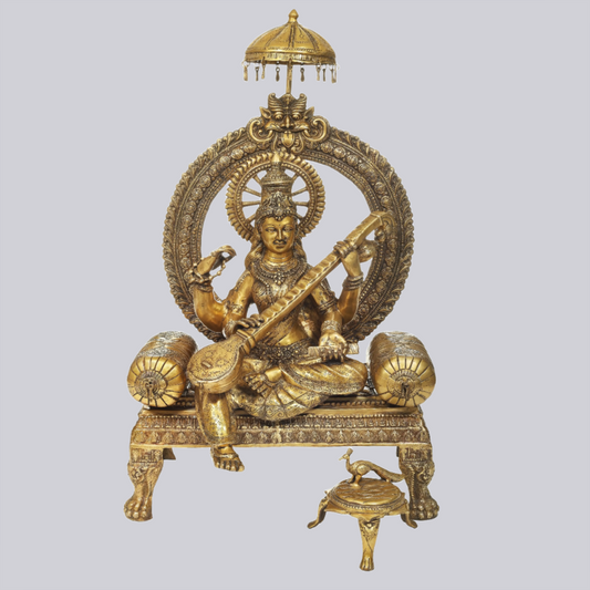 Brassaura® Brass Enthroned Goddess Saraswati Statue | Height 47.05 Inches & Weight 83 kg