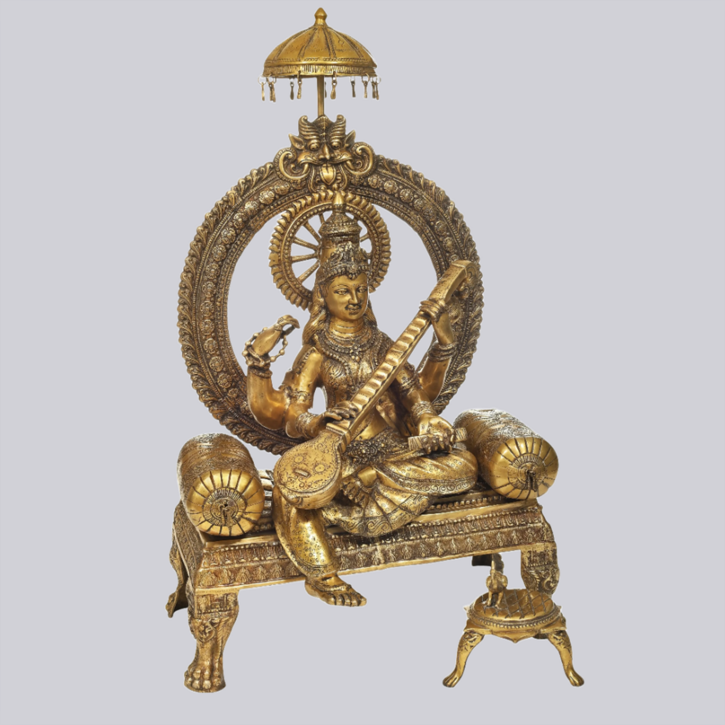 Brassaura® Brass Enthroned Goddess Saraswati Statue | Height 47.05 Inches & Weight 83 kg