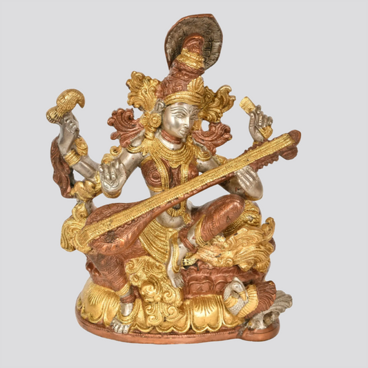 Brassaura® Brass Goddess Saraswati Statue | Height 11.42 Inches & Weight 5.50 kg