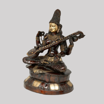 Brassaura® Large Kamalasana Saraswati | Brass Statue | Height 34 Inches & Weight 45.30 kgs
