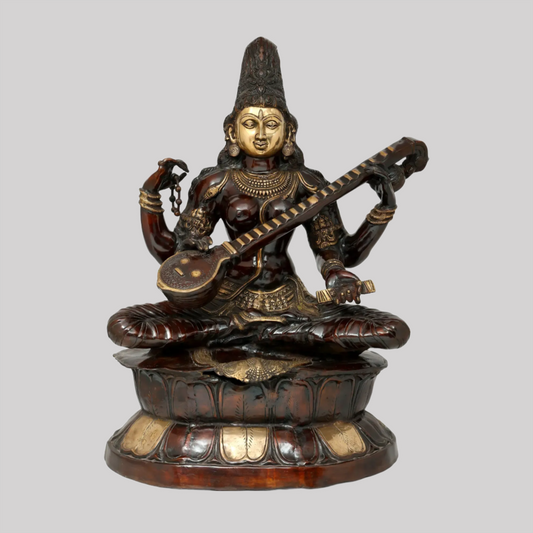 Brassaura® Large Kamalasana Saraswati | Brass Statue | Height 34 Inches & Weight 45.30 kgs