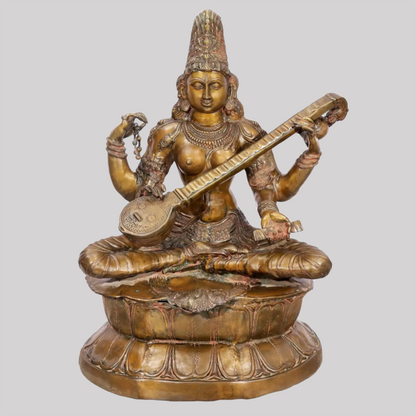 Brassaura® Large Kamalasana Saraswati | Brass Statue | Height 34 Inches & Weight 45.30 kgs