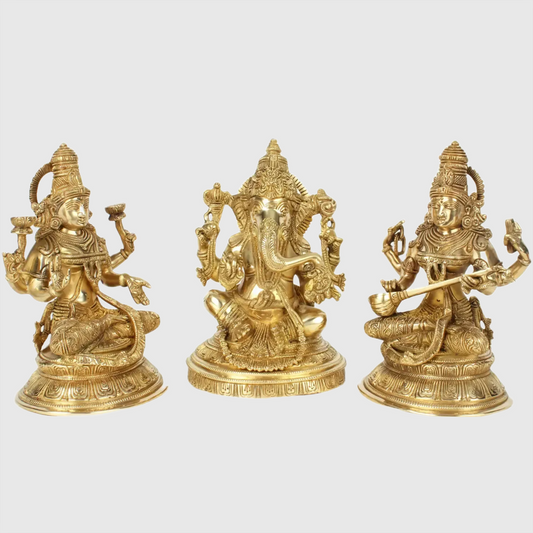Brassaura® Brass Lakshmi Ganesh Saraswati Idol | Height 10.8 Inches & Weight 17.99 kg