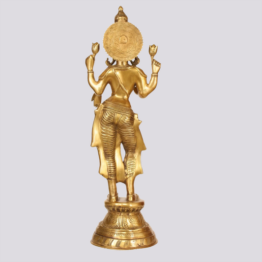 ब्रासुरा® खड़ी लक्ष्मी देवी | कमल के आधार पर पीतल की प्रतिमा | ऊंचाई 28.5 इंच और वज़न 11.80 किलोग्राम
