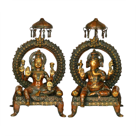 Brassaura® Lakshmi Ganesh Sitting on Ornate Throne | Brass Idol for Diwali Pooja & Home Temple | Height 8 Inches & Weight 16.60 kgs