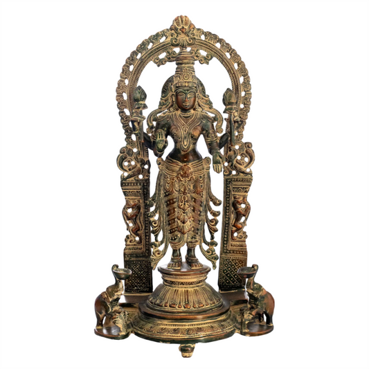 Brassaura® Lord Vishnu Standing with Prabhavali & Elephant Base | Brass Temple Idol | Height 16 Inches & Weight 5.94 kgs