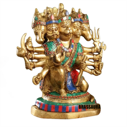 Brassaura™ Brass Panchmukhi Hanuman Idol – Height 11.5 Inches & Weight 6 Kgs | Handcrafted with Stonework