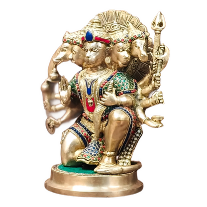 Brassaura™ Brass Panchmukhi Hanuman Idol – Height 11 Inches & Weight 6.6 Kgs | Handcrafted with Natural Stones