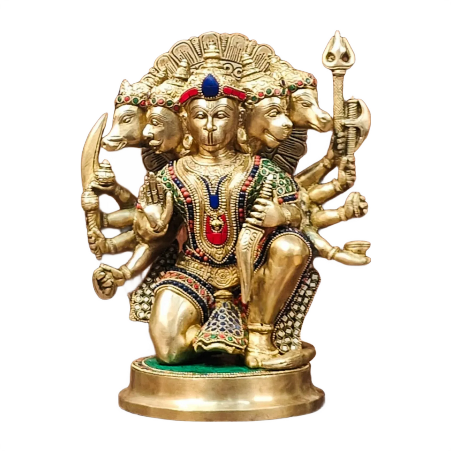 Brassaura™ Brass Panchmukhi Hanuman Idol – Height 11 Inches & Weight 6.6 Kgs | Handcrafted with Natural Stones
