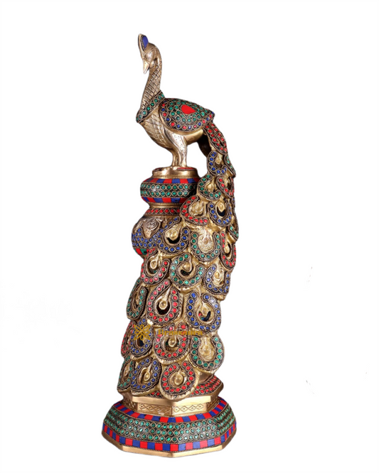 Brassaura™ Brass Large Peacock Showpiece with Meenakari Work – Height 20 Inches & Weight 8.5 Kgs