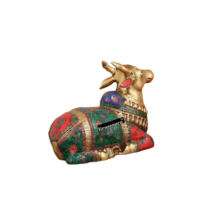 Brassaura™ Brass Nandi Idol with Stonework – Height 13.5 Inches & Weight 20 Kgs | Traditional Temple Decor