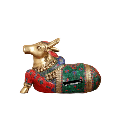 Brassaura™ Brass Nandi Idol with Stonework – Height 13.5 Inches & Weight 20 Kgs | Traditional Temple Decor