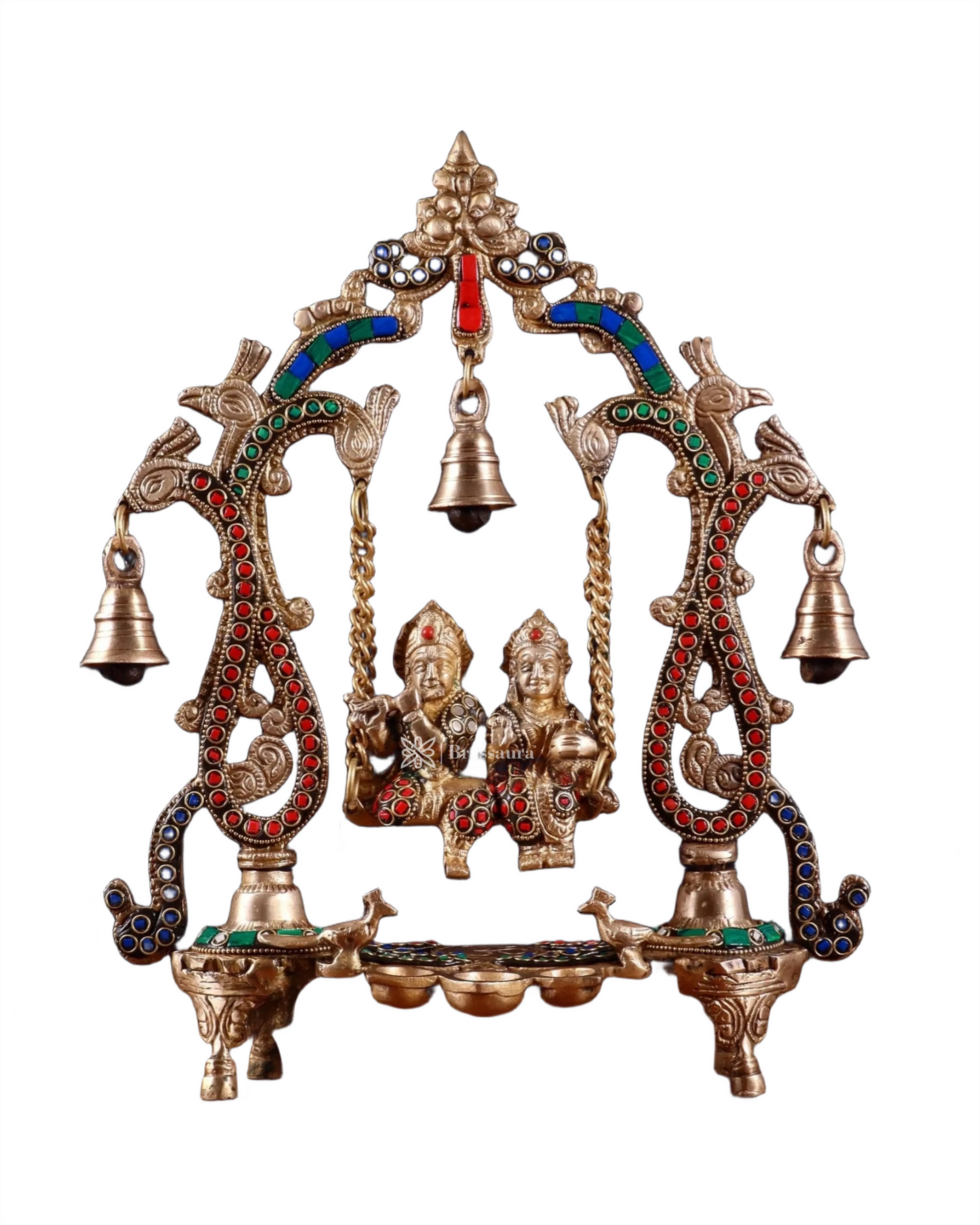 Brassaura™ Brass Radha Krishna Swing Idol with Diyas, Peacocks & Bells – Height 13.5 Inches & Weight 2.4 Kgs | Elegant Devotional Statue