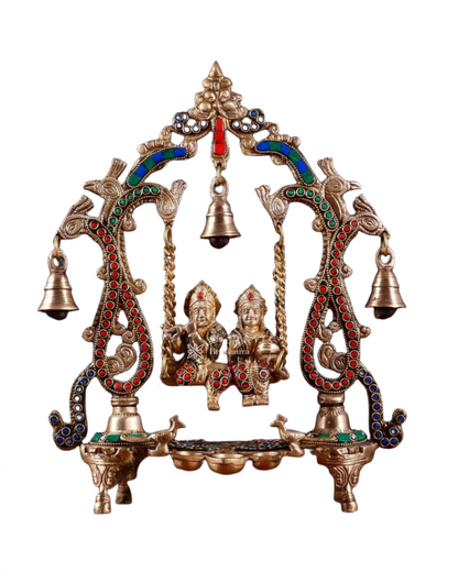 Brassaura™ Brass Radha Krishna Swing Idol with Diyas, Peacocks & Bells – Height 13.5 Inches & Weight 2.4 Kgs | Elegant Devotional Statue