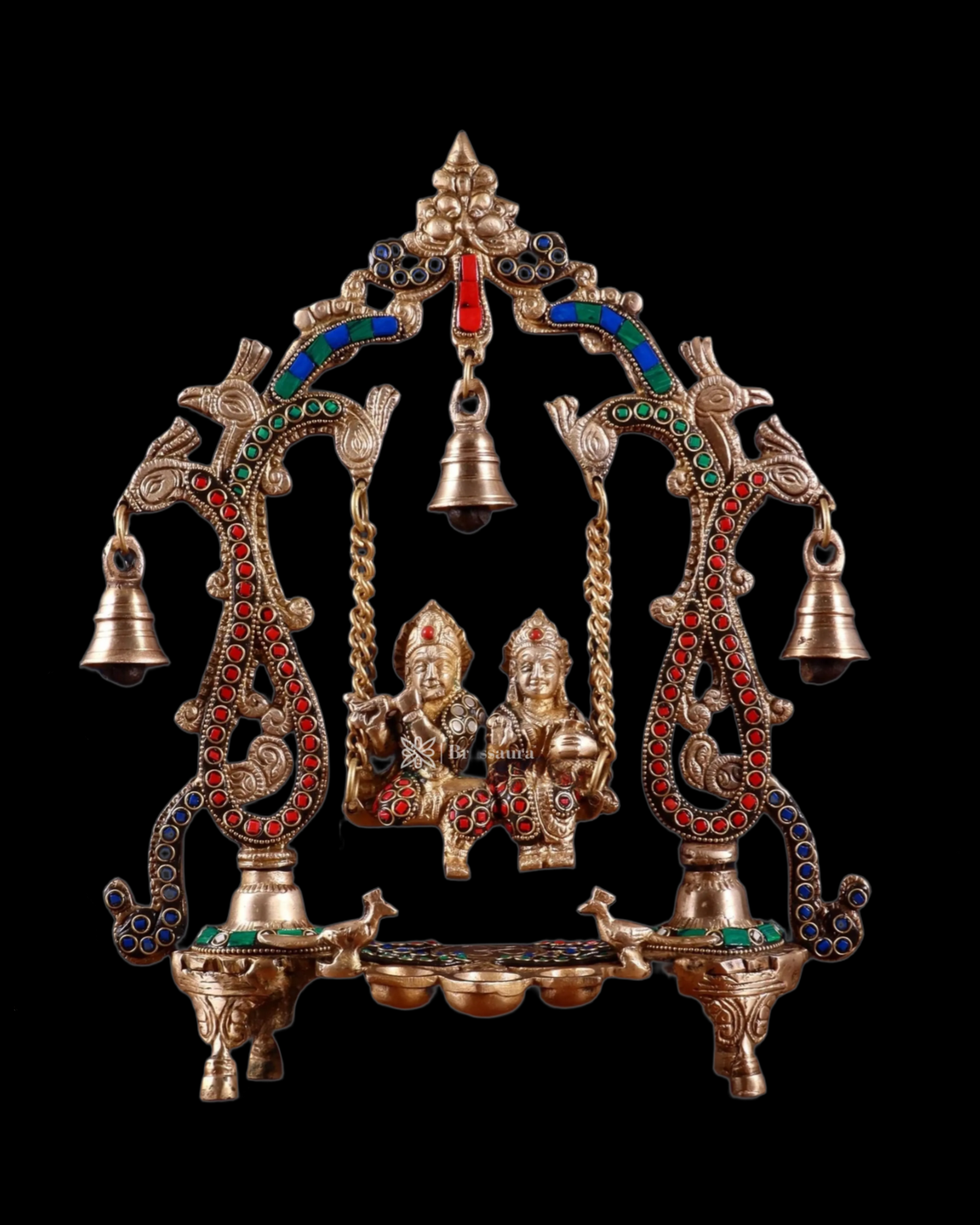Brassaura™ Brass Radha Krishna Swing Idol with Diyas, Peacocks & Bells – Height 13.5 Inches & Weight 2.4 Kgs | Elegant Devotional Statue