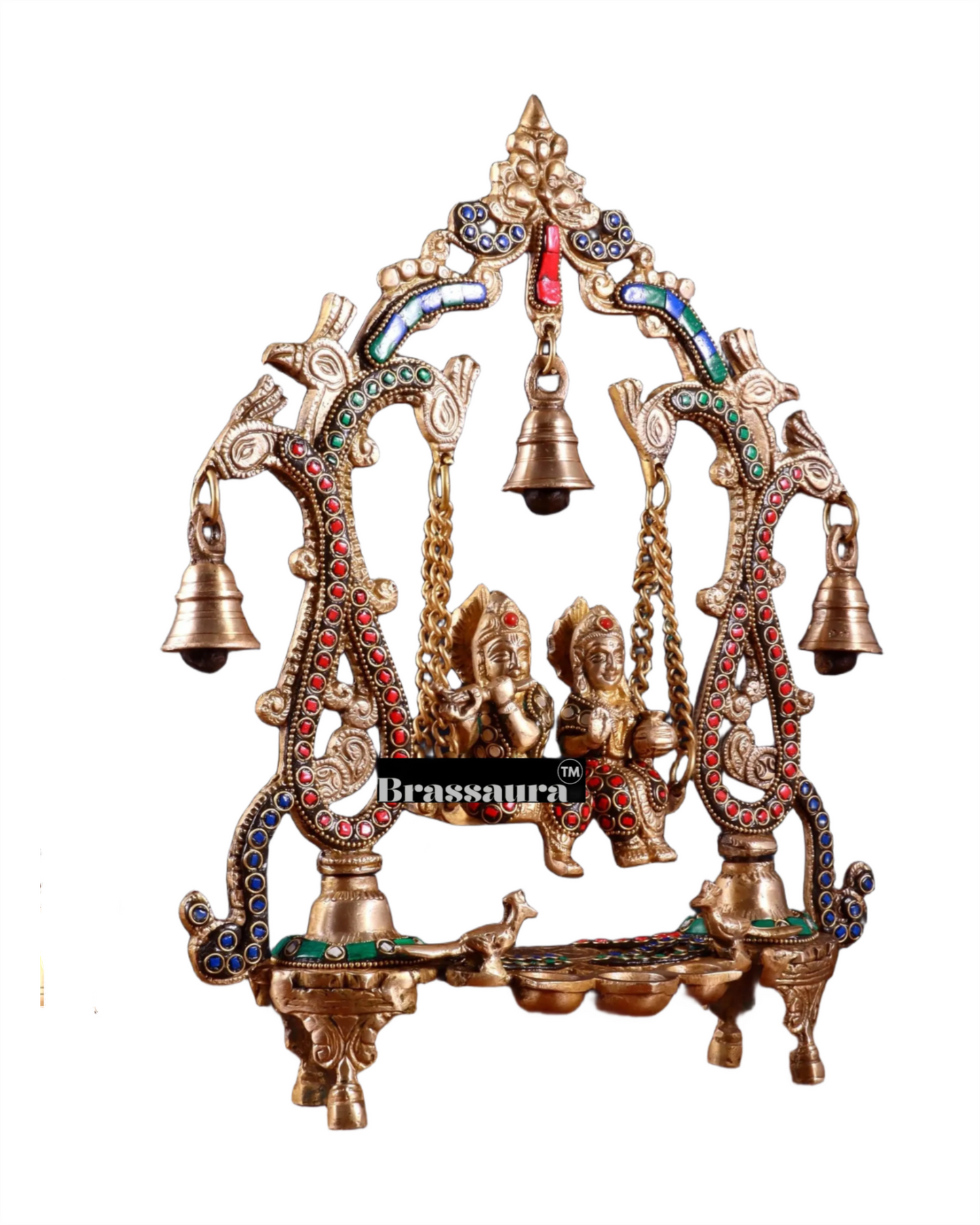 Brassaura™ Brass Radha Krishna Swing Idol with Diyas, Peacocks & Bells – Height 13.5 Inches & Weight 2.4 Kgs | Elegant Devotional Statue