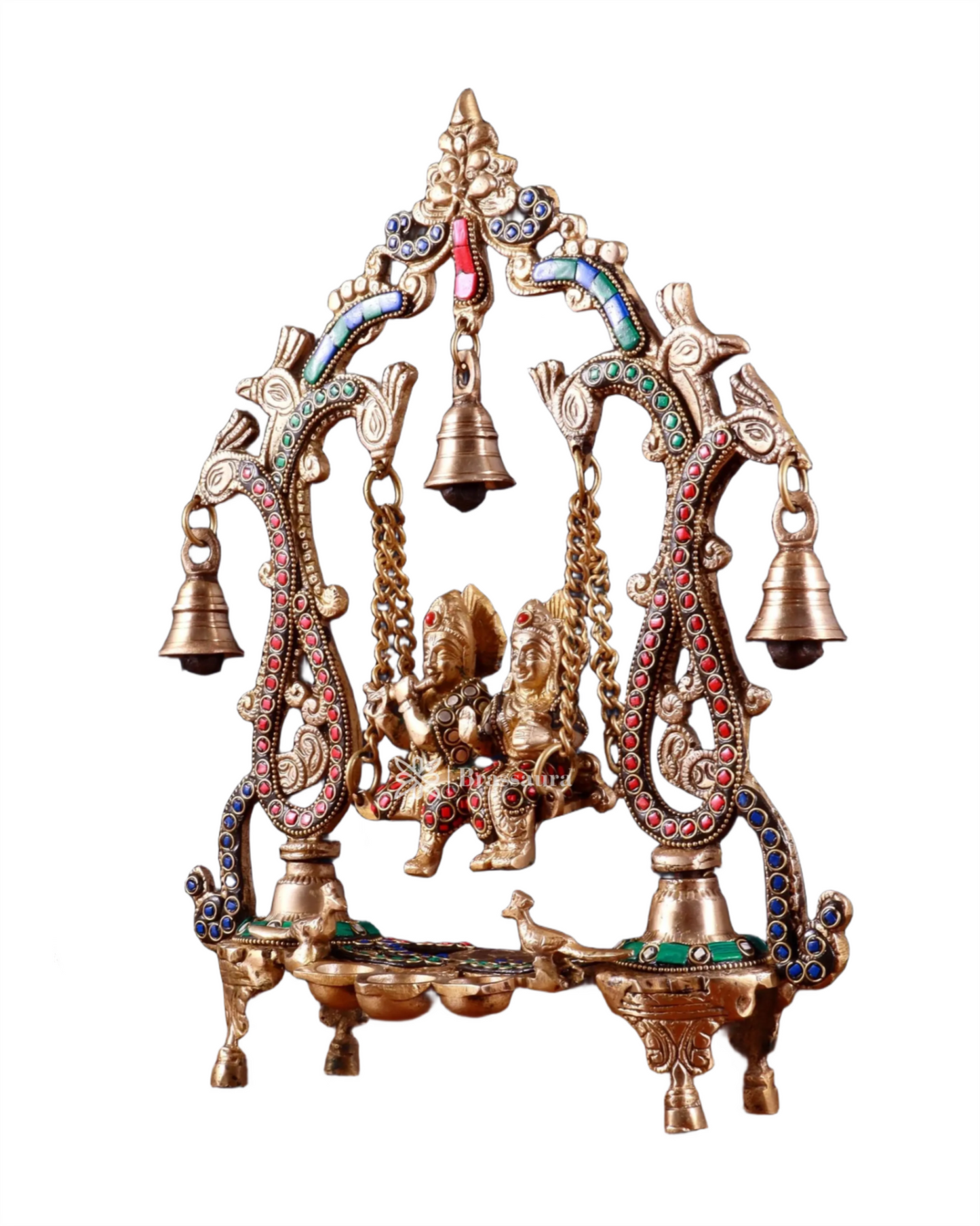 Brassaura™ Brass Radha Krishna Swing Idol with Diyas, Peacocks & Bells – Height 13.5 Inches & Weight 2.4 Kgs | Elegant Devotional Statue