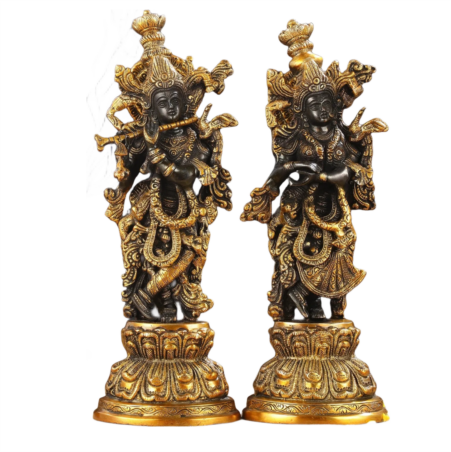 Brassaura™ Intricately Crafted Brass Radha Krishna Idols – 15 Inch Height, 10 Kg Pair | Black & Gold Heat-Treated Finish