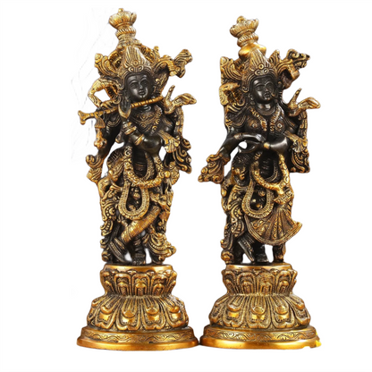 Brassaura™ Intricately Crafted Brass Radha Krishna Idols – 15 Inch Height, 10 Kg Pair | Black & Gold Heat-Treated Finish