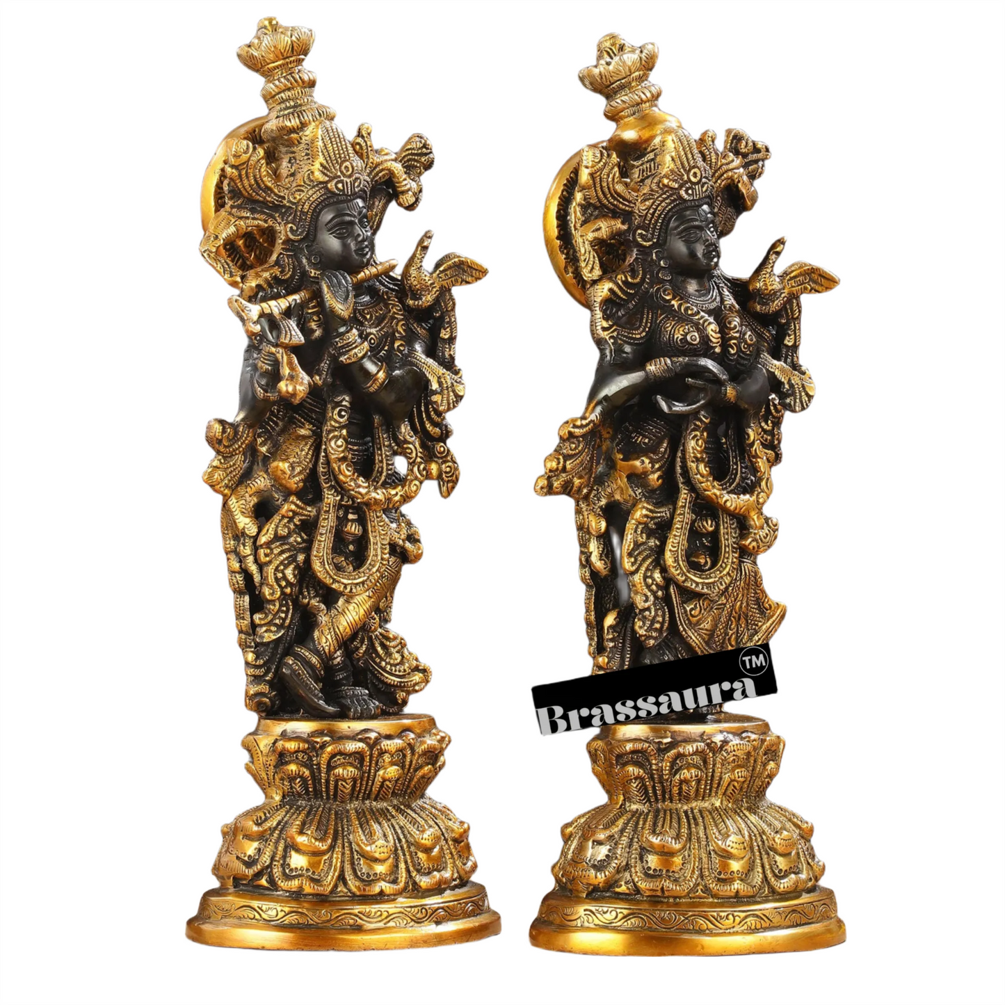 Brassaura™ Intricately Crafted Brass Radha Krishna Idols – 15 Inch Height, 10 Kg Pair | Black & Gold Heat-Treated Finish