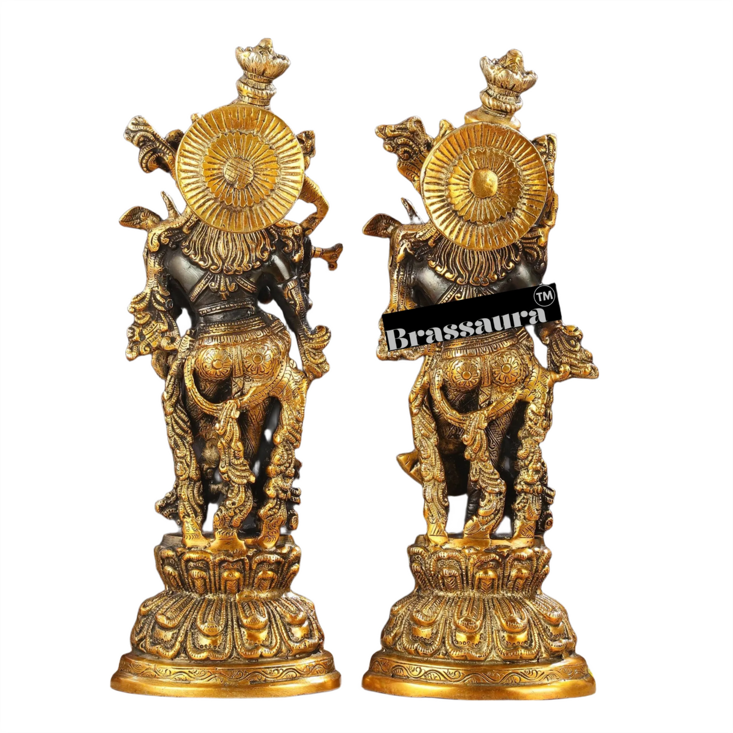 Brassaura™ Intricately Crafted Brass Radha Krishna Idols – 15 Inch Height, 10 Kg Pair | Black & Gold Heat-Treated Finish