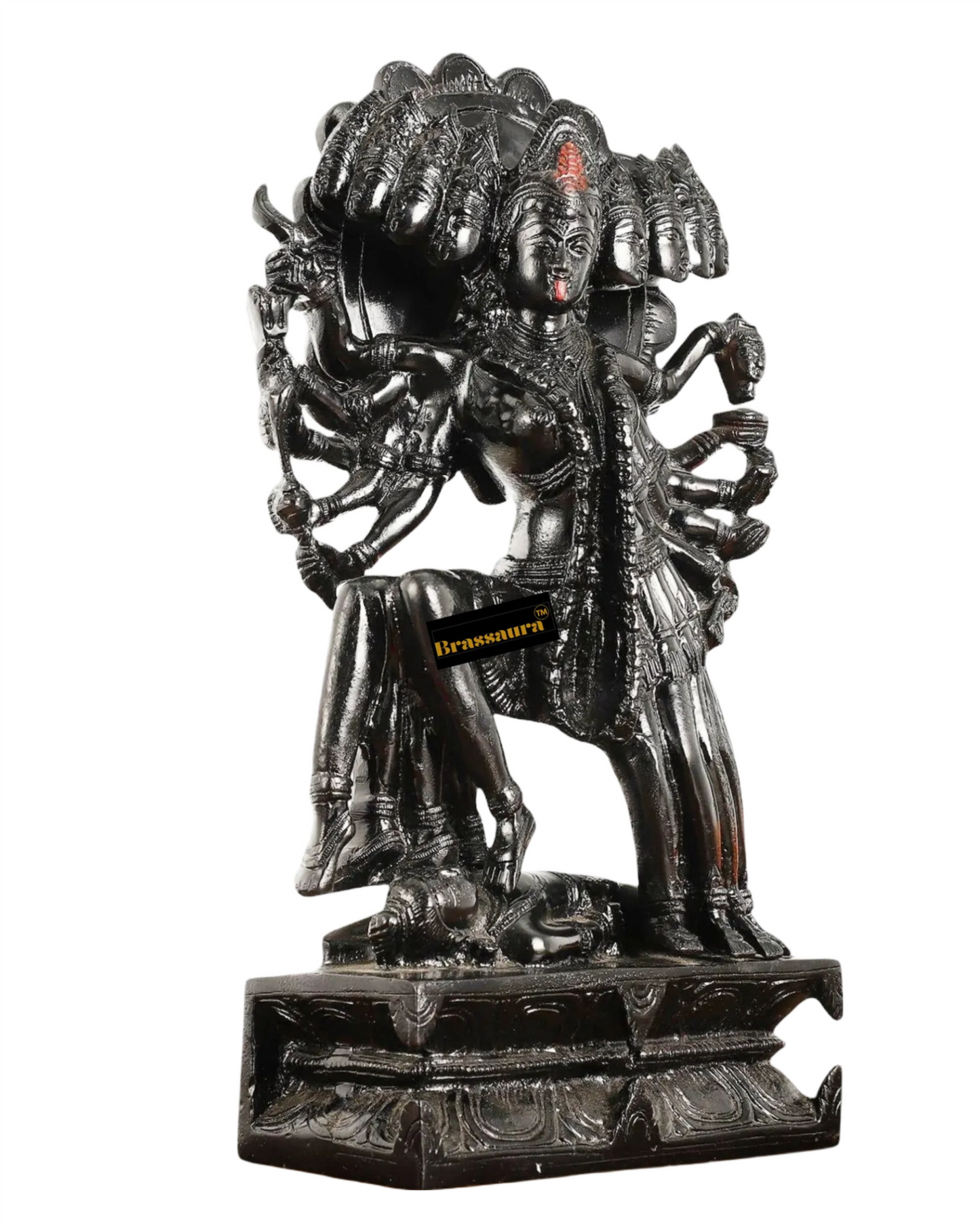Brassaura™ Mahakali Brass Statue Idol with 10 Heads – 10kg | 15" Height – Antique