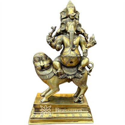 Brassaura™ Brass Ganesha & Lion Idol for Home and Decor | Weight 20.4 Kgs | Height 22.05 Inches