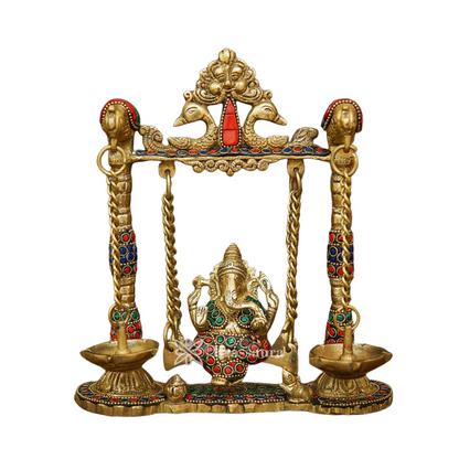 Brassaura™ Brass Gem Stone Work Ganesha Jhula Idol for Home and Decor | Weight 2.1 Kgs | Height 9 Inches