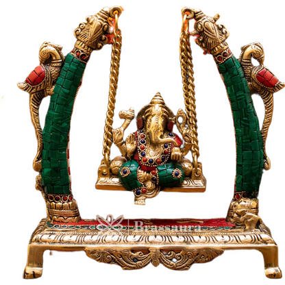 Brassaura™ Brass Gem Stone Work Ganesha Jhula Idol for Home and Decor | Weight 3.37 Kgs | Height 9.5 Inches