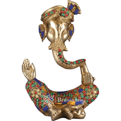 Brassaura™ Brass Gem Stone Work Modern Ganesha Idol for Home and Decor | Weight 2.95 Kgs | Height 10 Inches