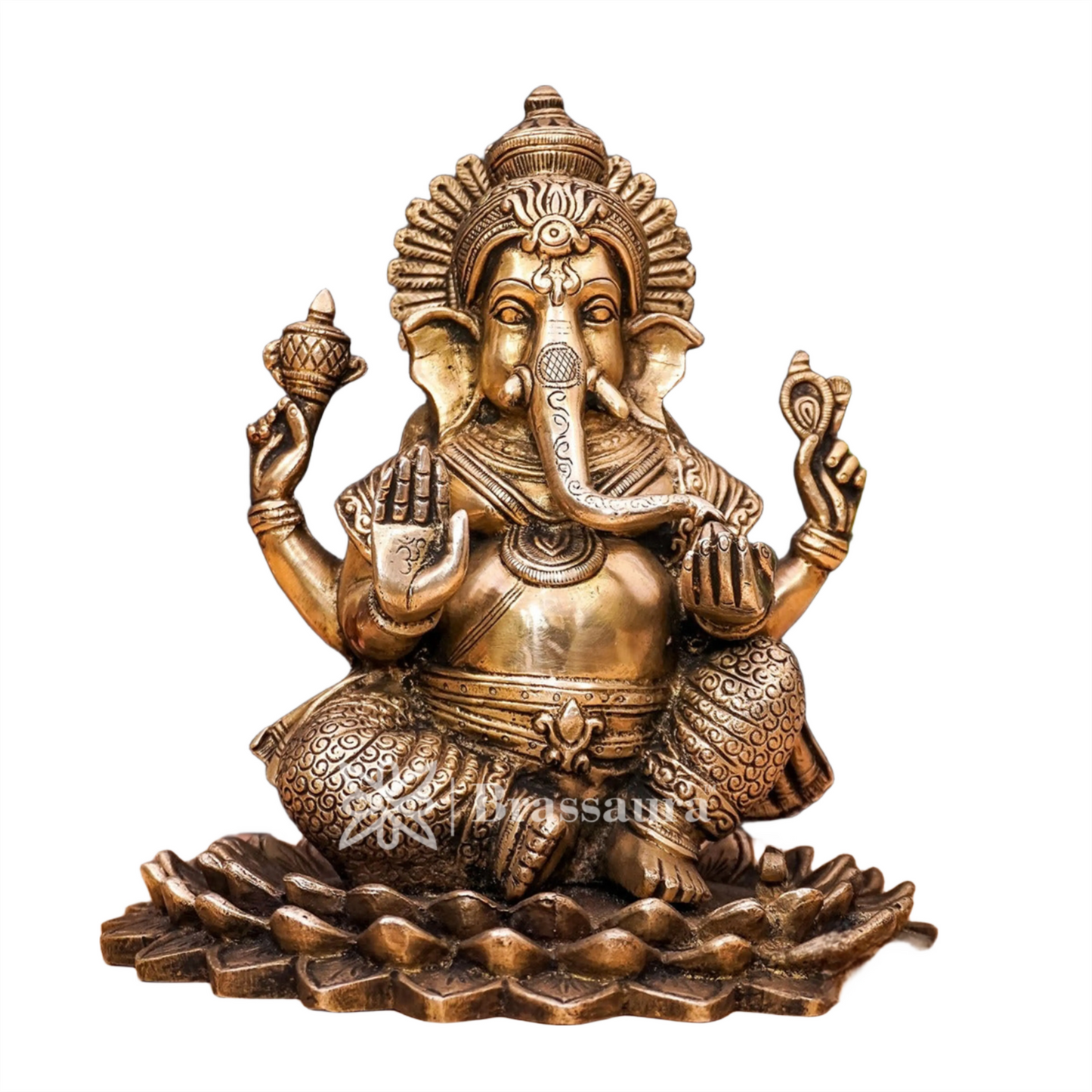 Brassaura™ Brass Lotus Ganesha Idol for Home and Decor | Weight 3.7 Kgs | Height 7.5 Inches