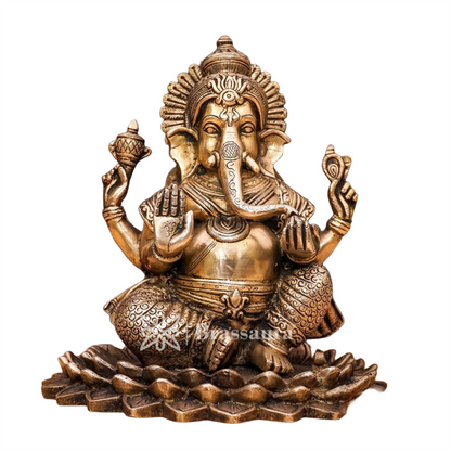 Brassaura™ Brass Lotus Ganesha Idol for Home and Decor | Weight 3.7 Kgs | Height 7.5 Inches