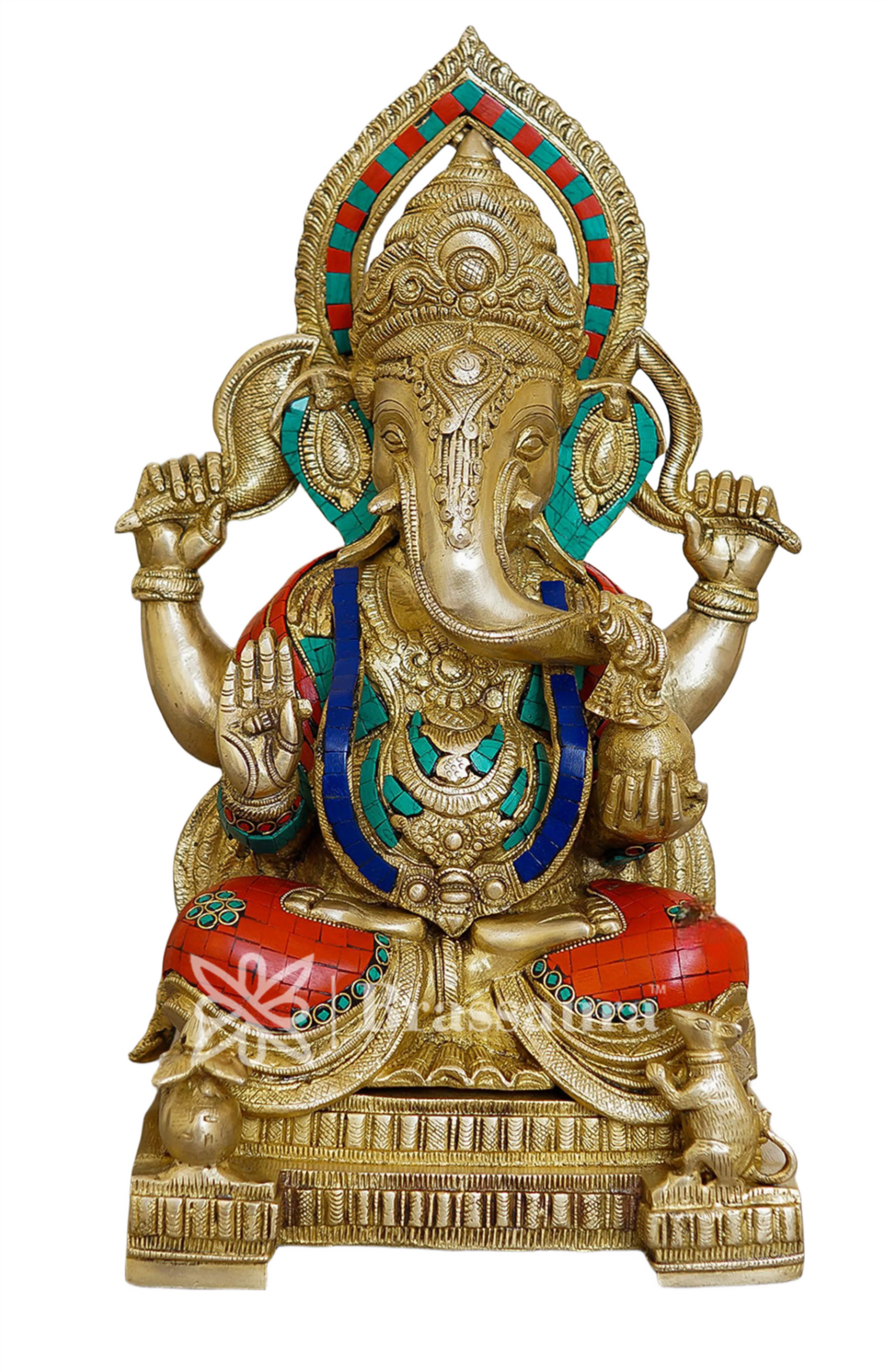 Brassaura™ Brass Gem Stone Work Jewellery Ganesha Idol for Home and Decor | Weight 16.7 Kgs | Height 18 Inches